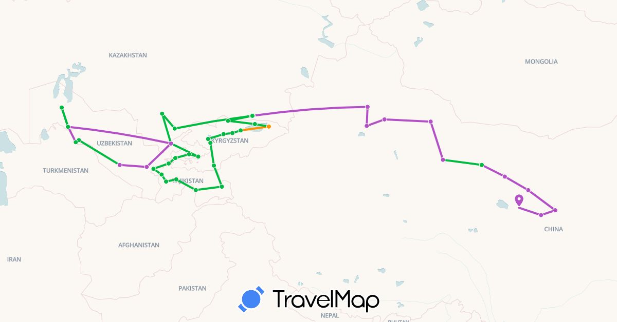 TravelMap itinerary: bus, train, hitchhiking in China, Kyrgyzstan, Kazakhstan, Tajikistan, Uzbekistan (Asia)